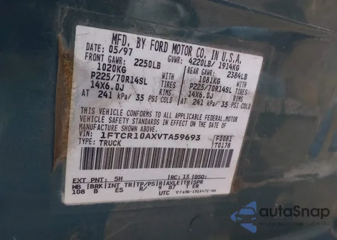 1997 Ford Ranger Splash/Xl/Xlt из США, поврежденный, VIN 1FTCR10AXVTA59693